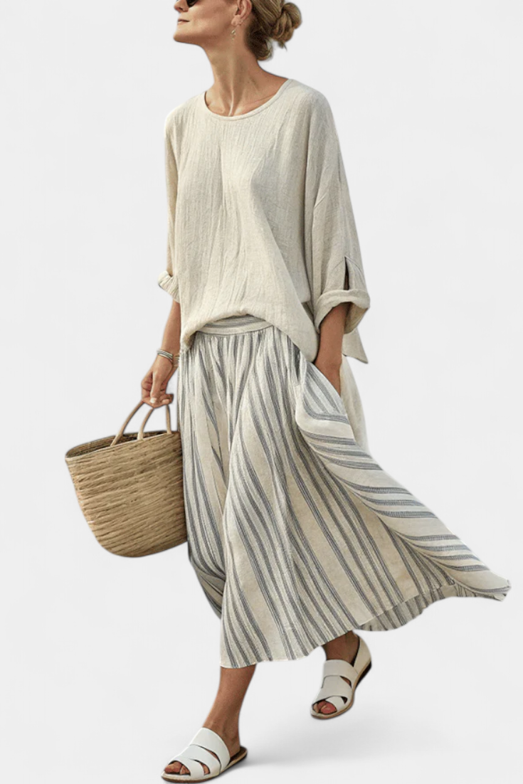 Eva Elegantní Komplet Oversize Halenka-Sukně Lněný