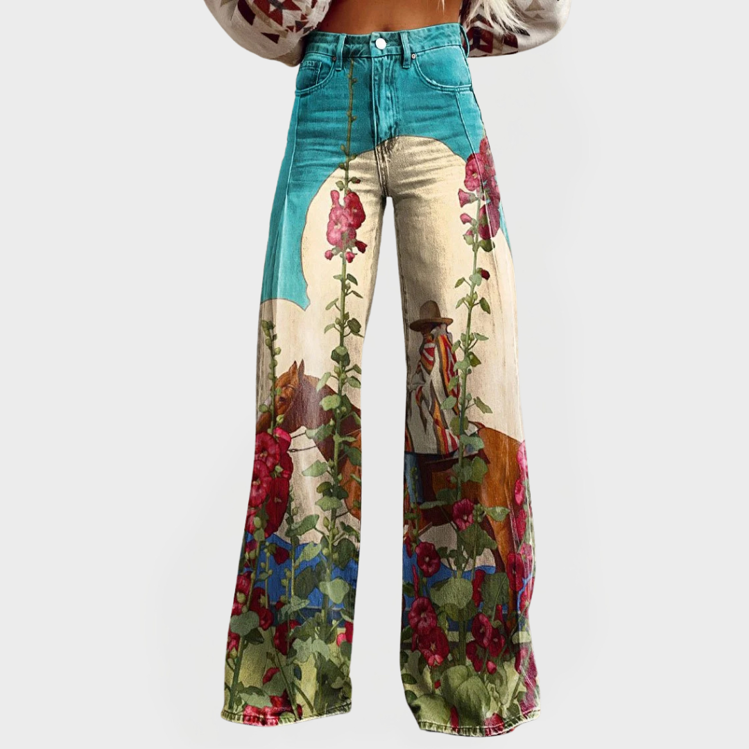 Veronika Elegantní Vaqueros Denim Anchos KvětinovéUmění